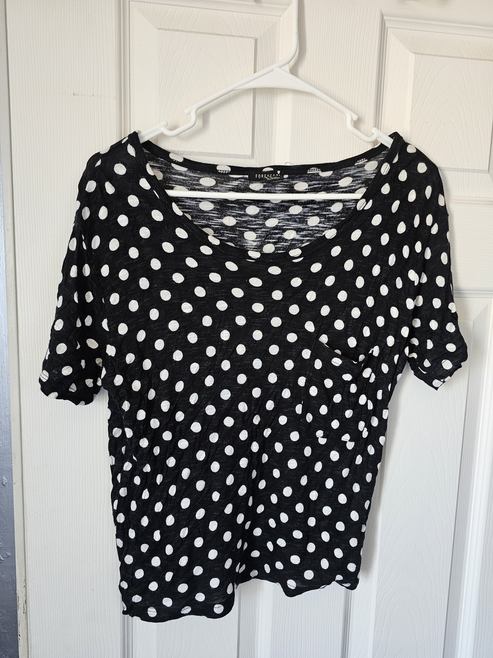 Forever 21 Black and White Polka Dot Short Sleeve Top W/ Front Pocket
